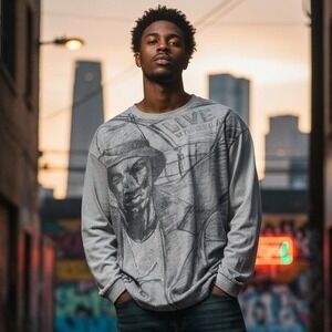 Life Clothing Graphic Print Long Sleeve T-Shirt Mens Size XL Grey Sketch Art Y2K